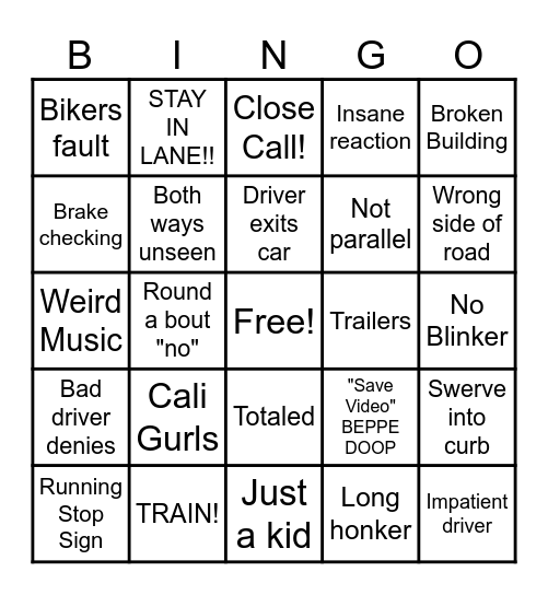 Idiots in Cars BINGOO!! Bingo Card