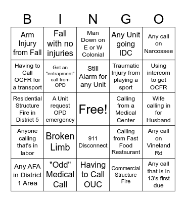 Fire/Medical Disptach Bingo Card
