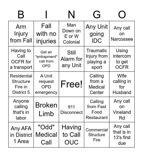 Fire/Medical Disptach Bingo Card
