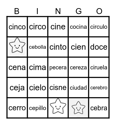 Palabras con ce ci Bingo Card