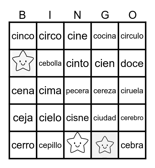 Palabras con ce ci Bingo Card