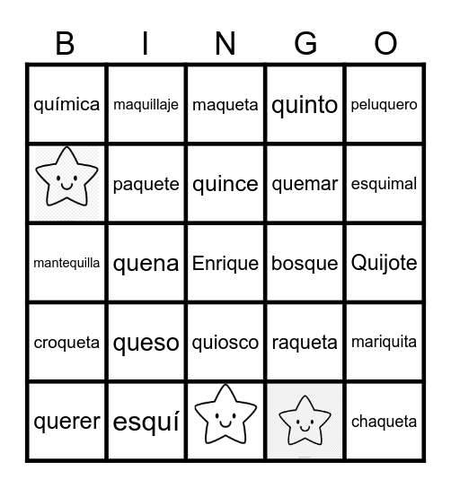 Palabras con que qui Bingo Card