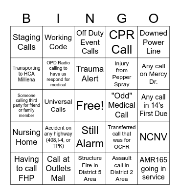 Fire/Medical Calls Bingo Card