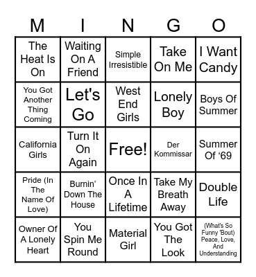 MTV Music Videos 5 Bingo Card