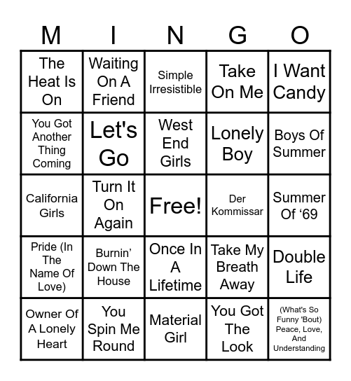 MTV Music Videos 5 Bingo Card