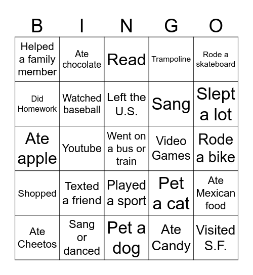 Spring Break Bingo Card