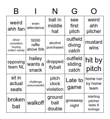 Baseball Bingo Card