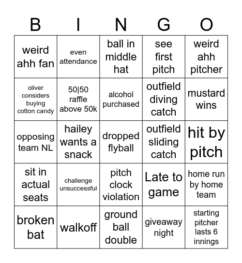 Baseball Bingo Card