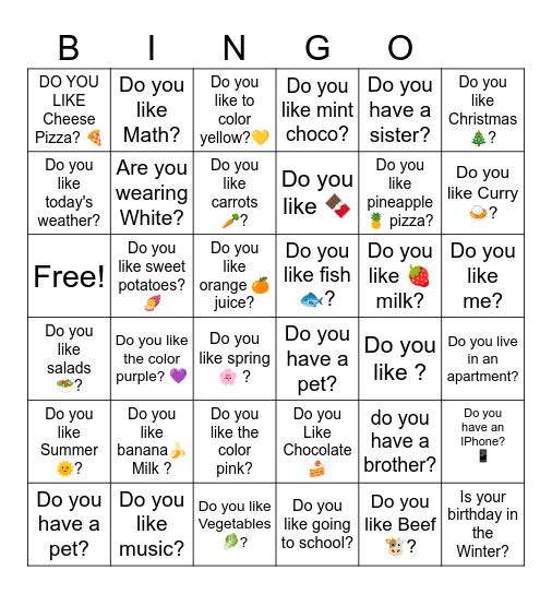 yes or no Bingo Card