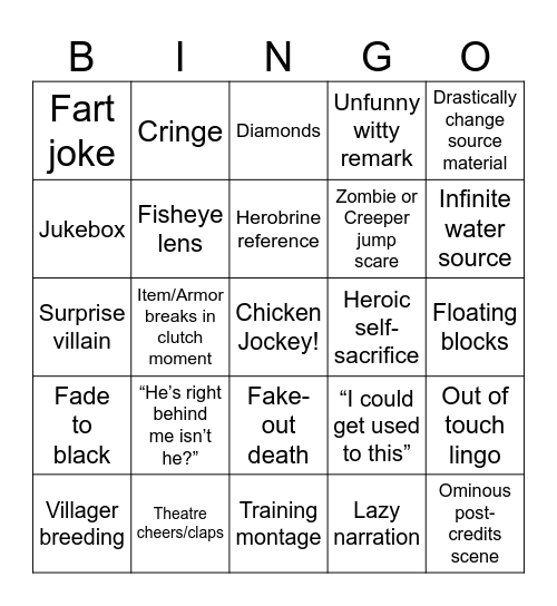 Minecraft Movie Bingo Card