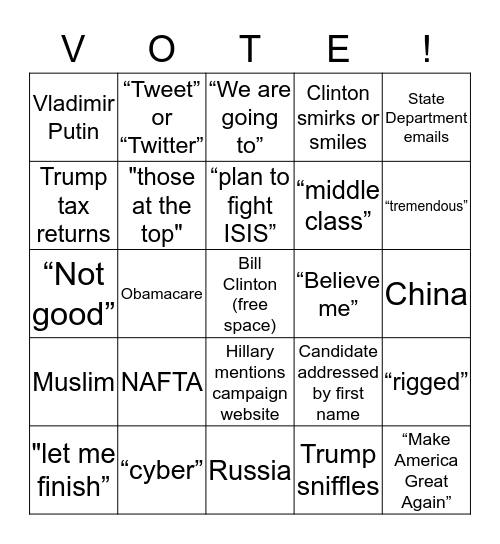 Presidential Debate 2016 Bingo Card