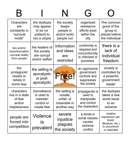 City of Ember/Dystopia Bingo Card