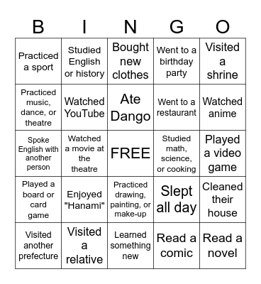 Spring Break Bingo Card