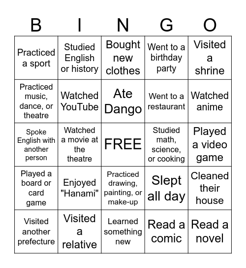 Spring Break Bingo Card