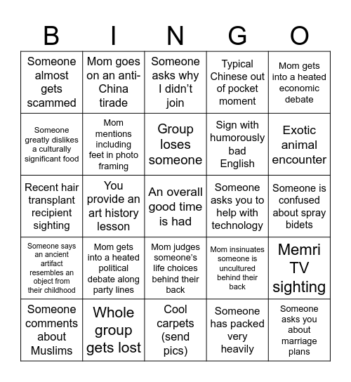 I spy with my third eye, Turkey trip Bingo Card