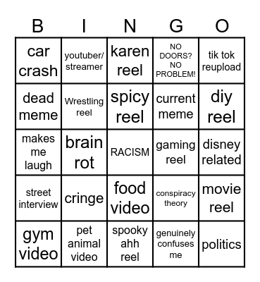 Instagram reel bingo Card