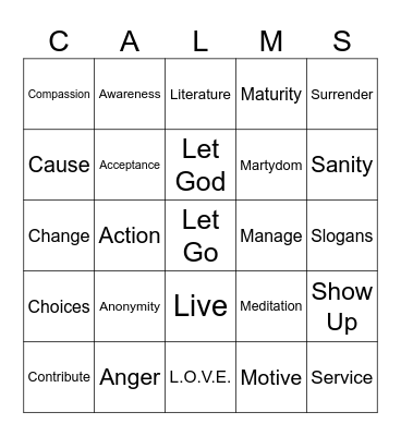 Alanon Alphabet Bingo Card