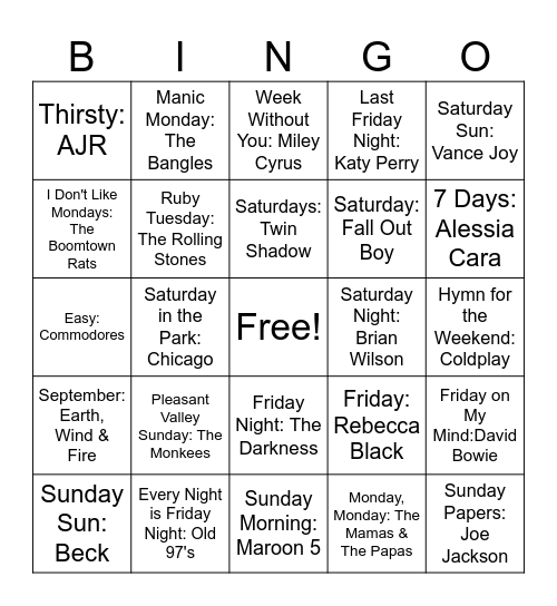 Days of the Week Bingo Card