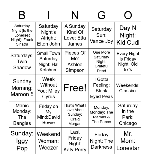 Days of the Week Bingo Card