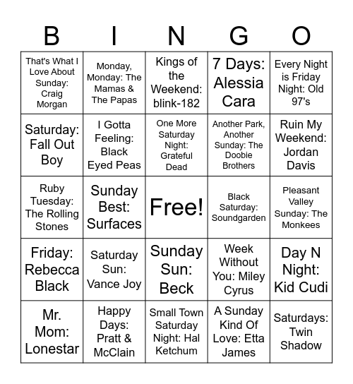 Days of the Week Bingo Card