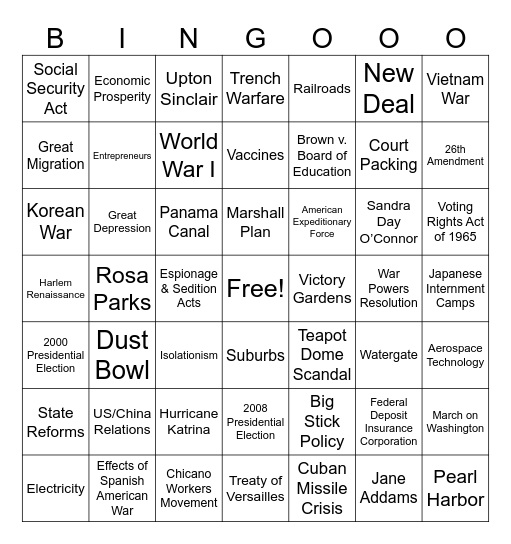 US History STAAR Review Bingo Card