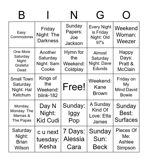 Days of the Week Bingo Card