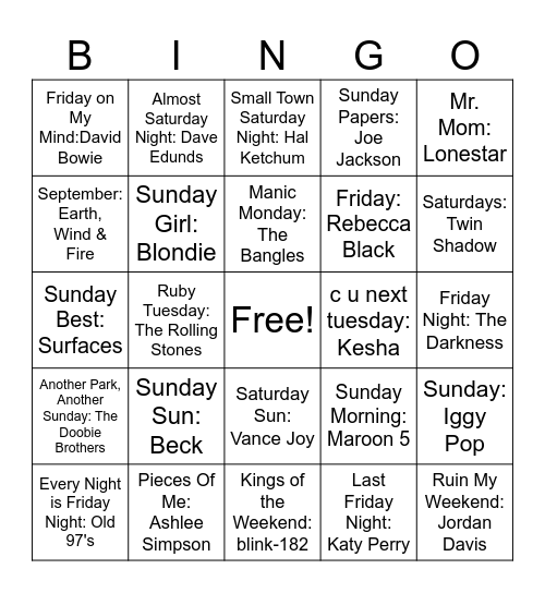 Days of the Week Bingo Card