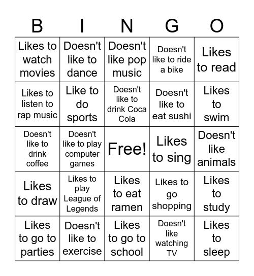 Likes and Dislikes Bingo Card