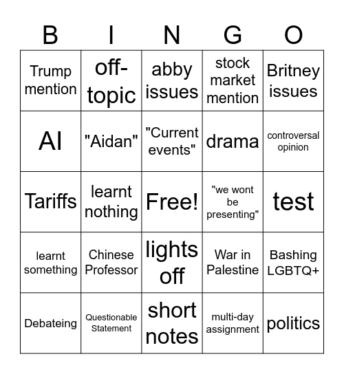 Mr Miller Bingo Card