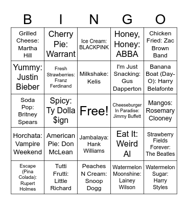 Food Songs Bingo Card