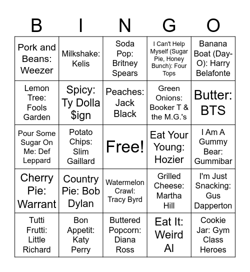Food Songs Bingo Card