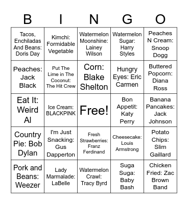 Food Songs Bingo Card
