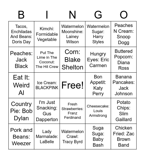 Food Songs Bingo Card