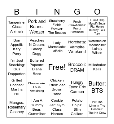 Food Songs Bingo Card