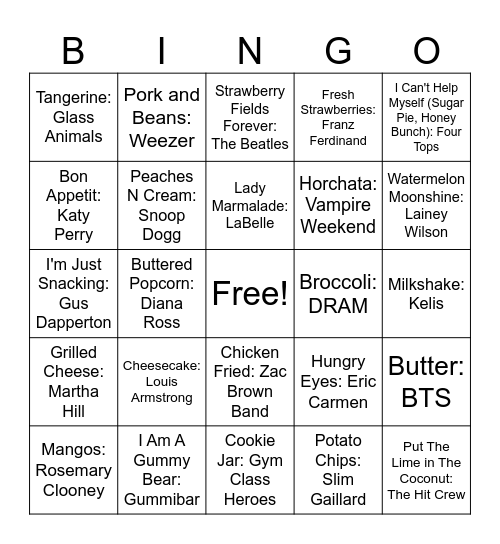 Food Songs Bingo Card