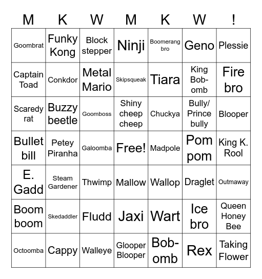 Mario Kart World roster Bingo Card