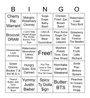 Food Songs Bingo Card