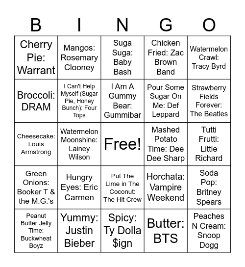 Food Songs Bingo Card