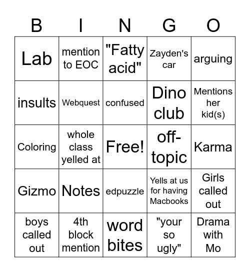 Miss Brown Bingo Card
