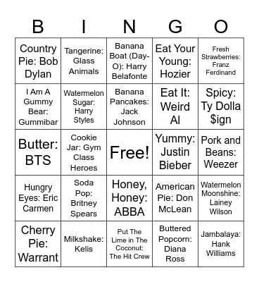 Food Songs Bingo Card