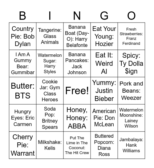 Food Songs Bingo Card