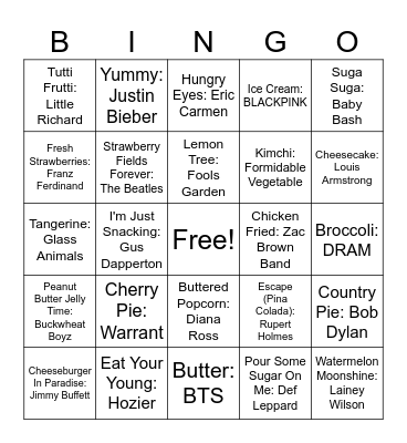 Food Songs Bingo Card