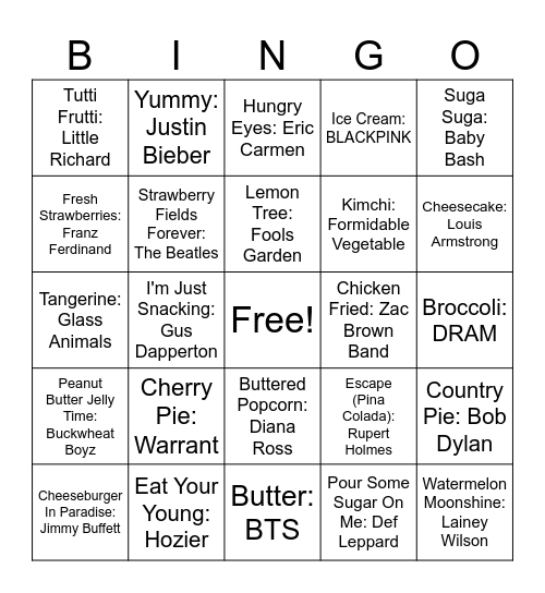 Food Songs Bingo Card