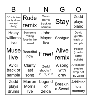 Zedd bingo Card