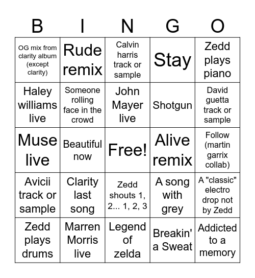 Zedd bingo Card