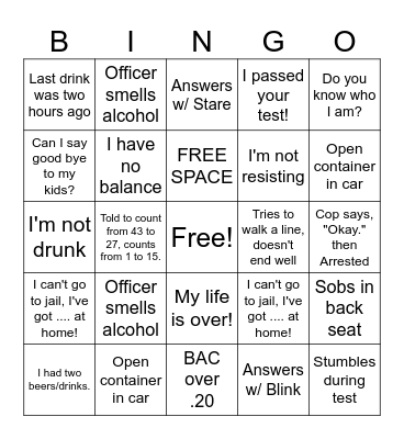 DUI Video Bingo Card