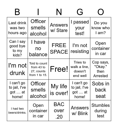 DUI Video Bingo Card
