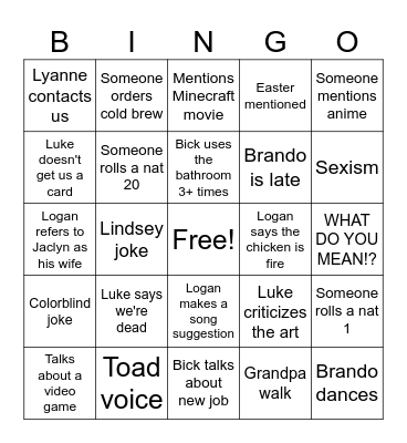 Dan n Lindzo Bingo Card