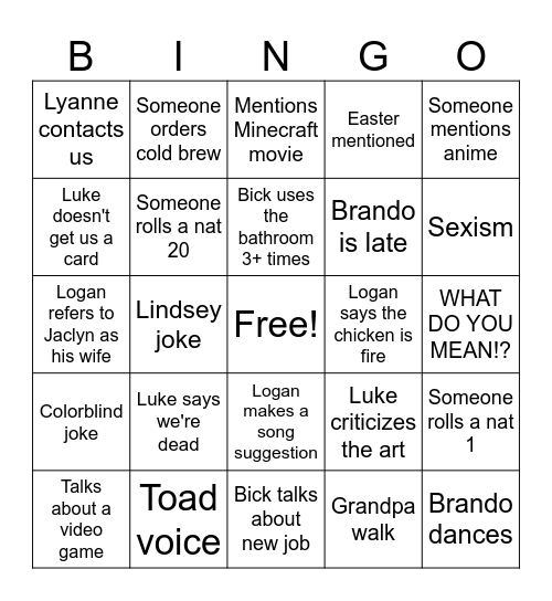 Dan n Lindzo Bingo Card
