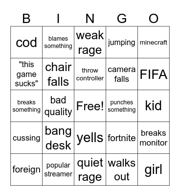 gamer rage Bingo Card